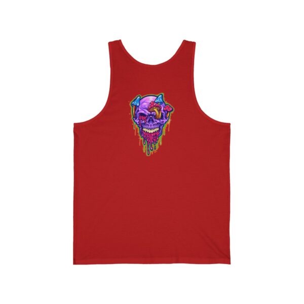 Double printed Drippy Shroomin SkullMan Unisex Jersey Tank top fits like a well-loved favorite. High quality print makes it an ultimate statement shirt for years to come. - Image 2